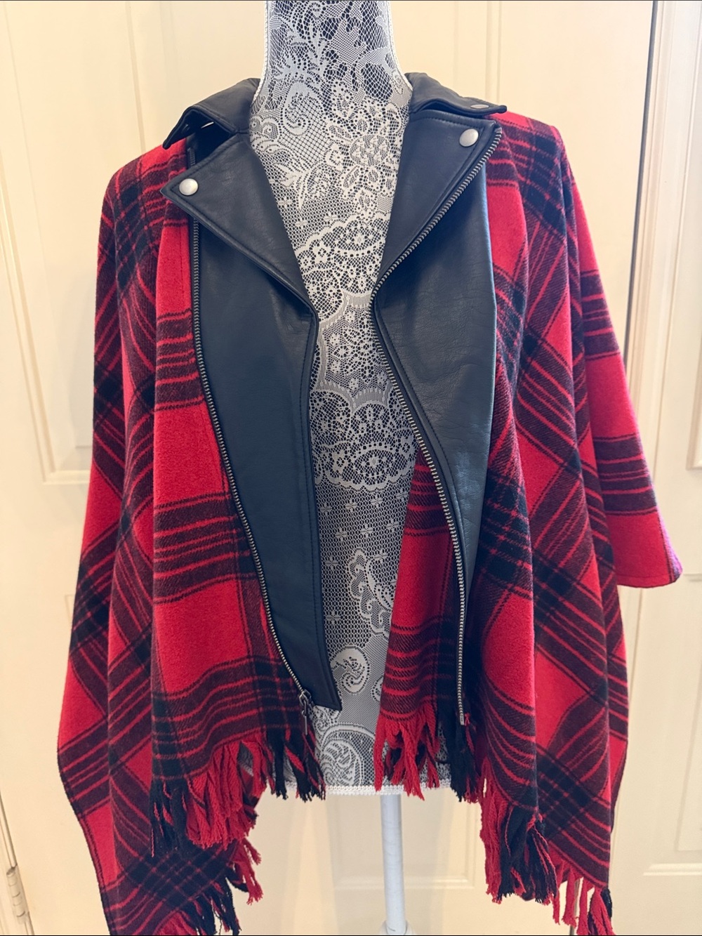 Rock & Republic Red and Black Plaid Poncho with Faux Leather Trim